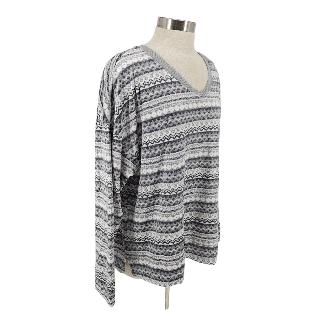 Nautica Silky Fleece Pajama Top Gray Fair Isle Long Sleeve V Neck 2XL - Picture 3 of 10